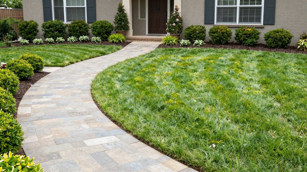 A front yard with a stone walkway
